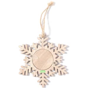 A wooden snowflake decoration with an empty circular centre, featuring intricate cut-out details and a jute twine for hanging.