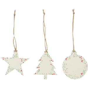 Three decorative Christmas ornaments in star, tree, and circular shapes, featuring a white background with green and red patterns.