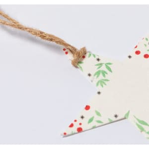 A star-shaped Christmas decoration with a white background, featuring green leaves and red berries, attached by jute twine.