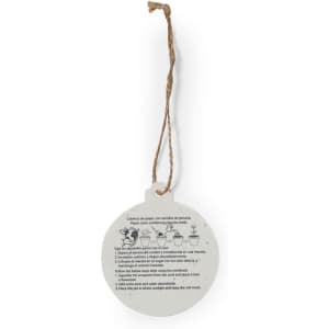 A round tag with a string, featuring instructions for planting seeds, printed in black on a light background.