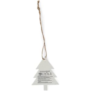 A white Christmas tree-shaped decoration with a hanging twine and a branding logo.
