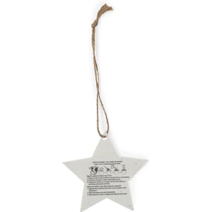 A white star-shaped decoration with a texture, featuring hanging twine and instructions on the back.