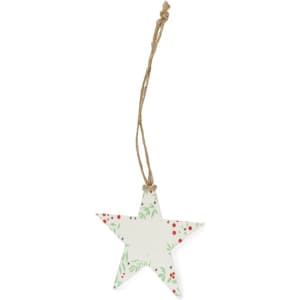 A star-shaped decoration featuring a white background with green and red floral designs, suspended by a natural twine.
