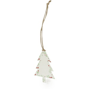 A decorative Christmas tag shaped like a tree, featuring a white background with red berries and green foliage.
