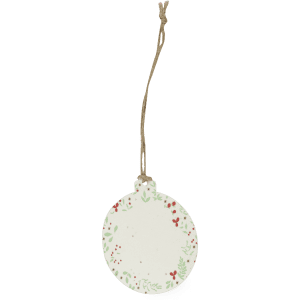 A circular Christmas decoration with a floral design in red and green, featuring a hanging string at the top.