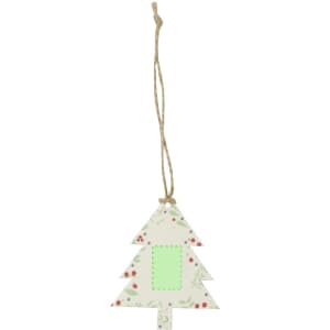 A festive tree-shaped decoration in cream with red and green accents, featuring a blank space for personalisation.