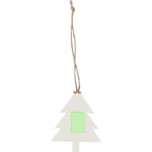 A white Christmas tree-shaped decoration with a green rectangular section, designed for hanging. It has a twine loop.