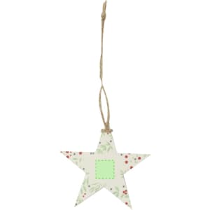 A decorative star-shaped ornament in white with green and red floral patterns, featuring a twine loop for hanging.