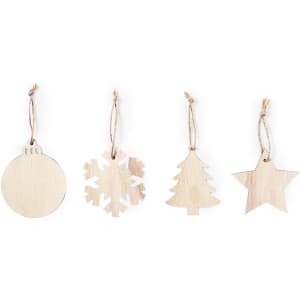 Four wooden Christmas decoration shapes: a bauble, snowflake, tree, and star, each with a twine loop for hanging.