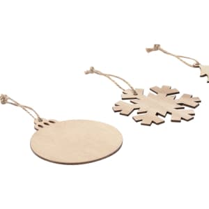 Three wooden Christmas decorations: a round ornament, a snowflake, and a star, each with twine for hanging.