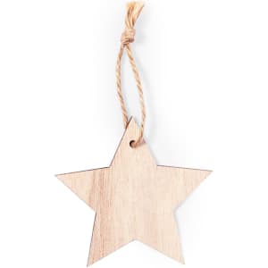 A star-shaped wooden ornament with a twine loop for hanging. Features a natural wood finish.