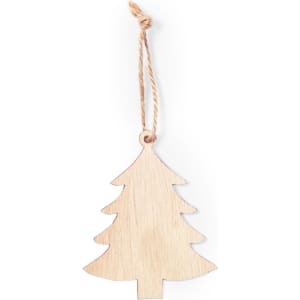 A wooden Christmas tree decoration with a twine string for hanging. The wood has a natural finish.