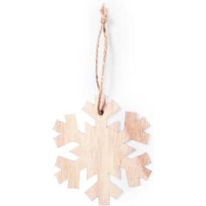 A wooden snowflake decoration with a natural finish, hanging from a twine string.