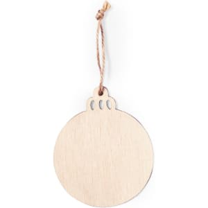 A wooden ornament decoration in a circular shape with a pulled string loop at the top.