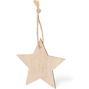 A wooden star decoration with a natural finish and a twine hanging string.