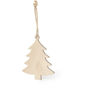 A wooden Christmas tree decoration with a natural finish and twine for hanging.