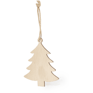 A wooden Christmas tree decoration in a natural finish, featuring a twine hanger.