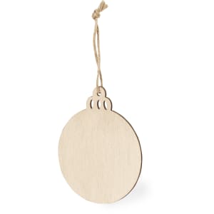 A round wooden Christmas decoration in a natural finish, featuring a hanging string.