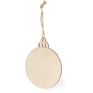 A wooden Christmas decoration in a circular shape, featuring a natural finish and a twine hanger.