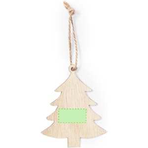 A wooden Christmas tree decoration with a natural finish and a blank green area for personalisation.