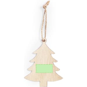 A wooden Christmas tree decoration in natural colour, featuring a blank green area and a jute twine for hanging.