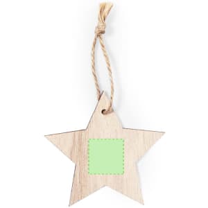A wooden star-shaped decoration with a string for hanging. The star is light in colour and features a green square outline.