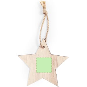 A wooden star-shaped decoration with a natural finish and a green square area, hangs from a twine loop.