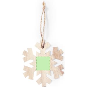 A wooden snowflake decoration with a green square in the centre, featuring a natural jute string for hanging.