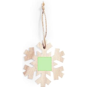 A wooden snowflake decoration in a natural finish, featuring a blank square in the centre and a twine hanger.