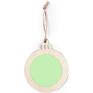 A wooden Christmas ornament in a circular shape, featuring a light green centre and a twine loop for hanging.