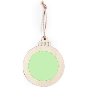 A wooden Christmas decoration tag in round shape with a light green centre and twine for hanging.