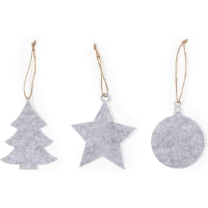 A grey felt Christmas decoration set featuring a tree, star, and circle, each with a hanging string.