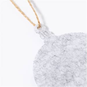A circular, grey, felt Christmas ornament with a jute twine string for hanging.
