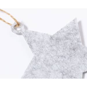 A grey star-shaped decoration tag with a natural twine loop for hanging.