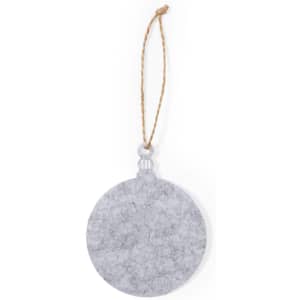 A round grey felt ornament with a loop for hanging, featuring a decorative bead at the top.
