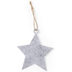A grey star-shaped ornament with a jute twine hanger, ideal for festive decorations.