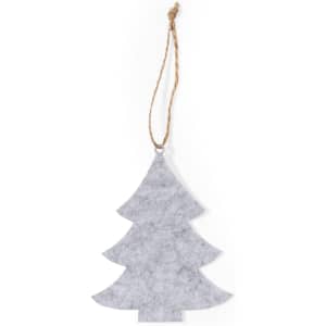 A grey tree-shaped decoration with a natural twine hanging loop, ideal for Christmas décor.