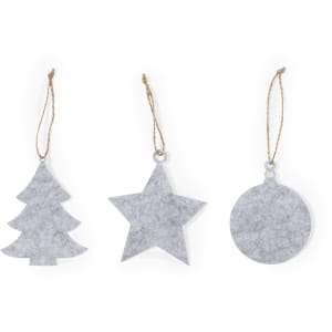 A Christmas decoration set featuring three felt ornaments: a tree, a star, and a round shape, all in a soft grey colour.