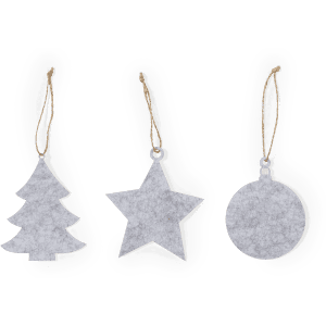 A set of three Christmas decorations in silver: a tree, a star, and a circular ornament, each with a jute string for hanging.