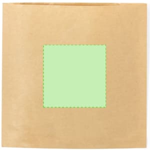 A brown paper bag featuring a green square cut-out on the front. The bag has an understated, minimalist design.