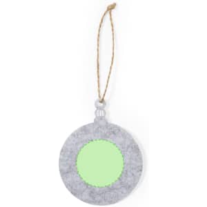 A round grey felt ornament with a green centre and a hanging twine loop.