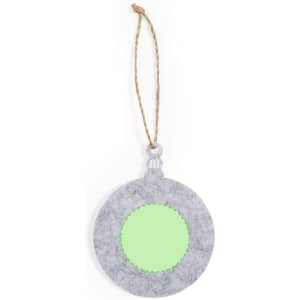 A grey felt Christmas decoration featuring a round shape with a green centre and a twine hanging loop.
