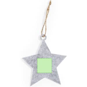 A grey felt star decoration with a green square patch, featuring a looped string for hanging.