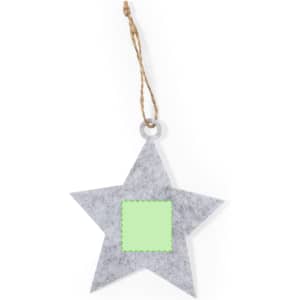 A grey felt star decoration with a green square section and a twine hanger.