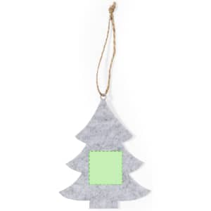A grey felt Christmas tree decoration with a jute string and a blank green square for personalisation.