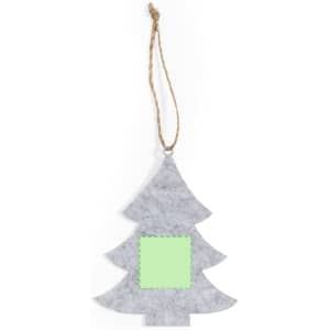 A grey felt Christmas tree decoration with a green square inset and a jute hanging string.