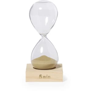 A glass sand timer with a wooden base, featuring golden sand, designed for timing activities.