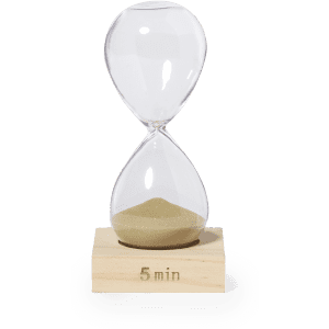 A sand timer featuring a transparent glass body with golden sand and a wooden base, indicating a 5-minute duration.