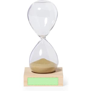 A glass sand timer with a wooden base and golden sand inside, featuring a blank area for customisation.