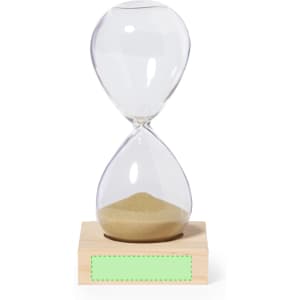 A glass sand timer with a wooden base and golden sand inside. Features a minimalist design.
